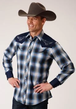 Roper Navy & Grey Long Sleeve Western Shirt