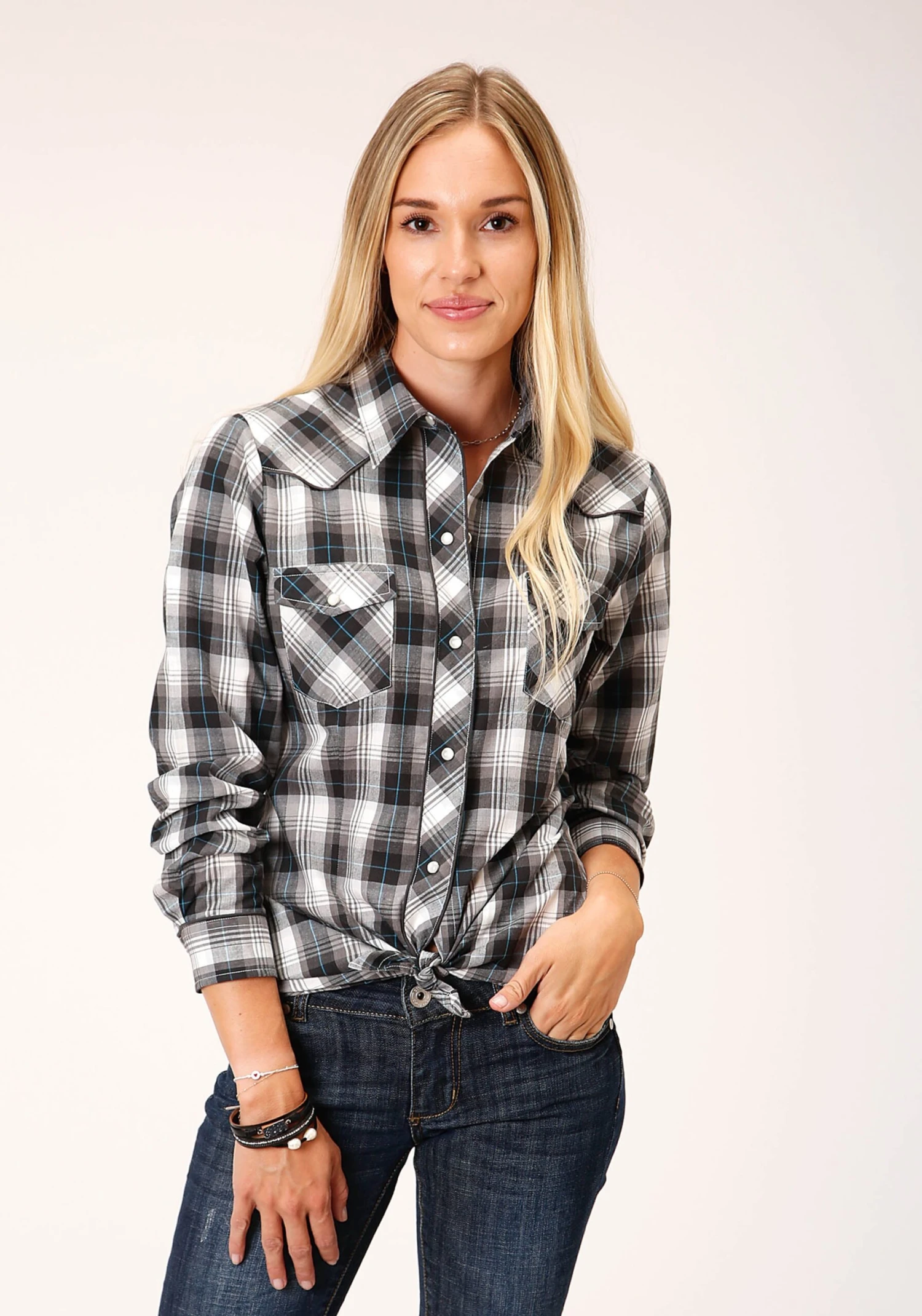 Roper White & Black Plaid Long Sleeve Shirt
