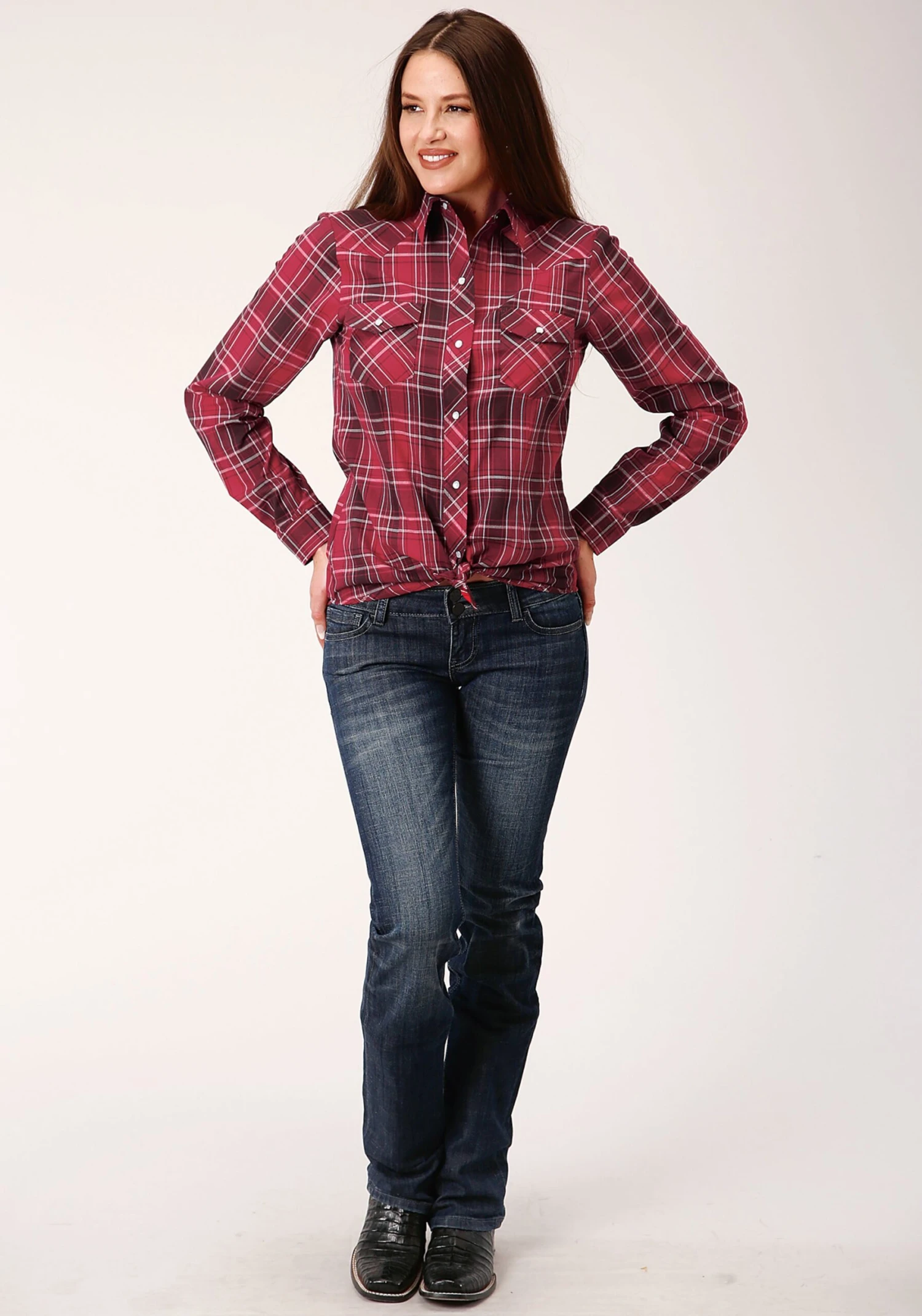 Roper Bright Red Plaid Long Sleeve Snap - Image 2