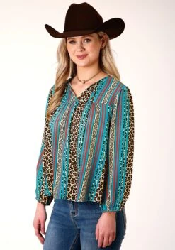 Roper Leopard Stipe Long Sleeve Blouse