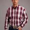 Stetson Maroon Plaid W/ Satin Stripe Long Sleeve Button Up