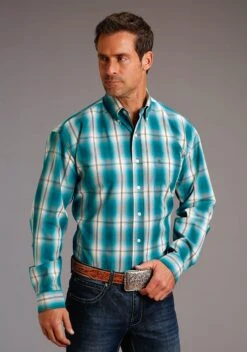 Stetson Teal Plaid W/ Satin Stitch Long Sleeve Button Up