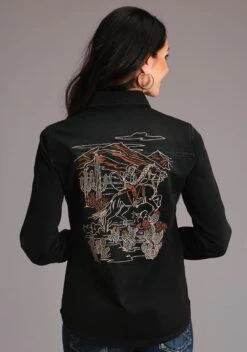 Stetson Black Stretch Denim Embroidered Blouse