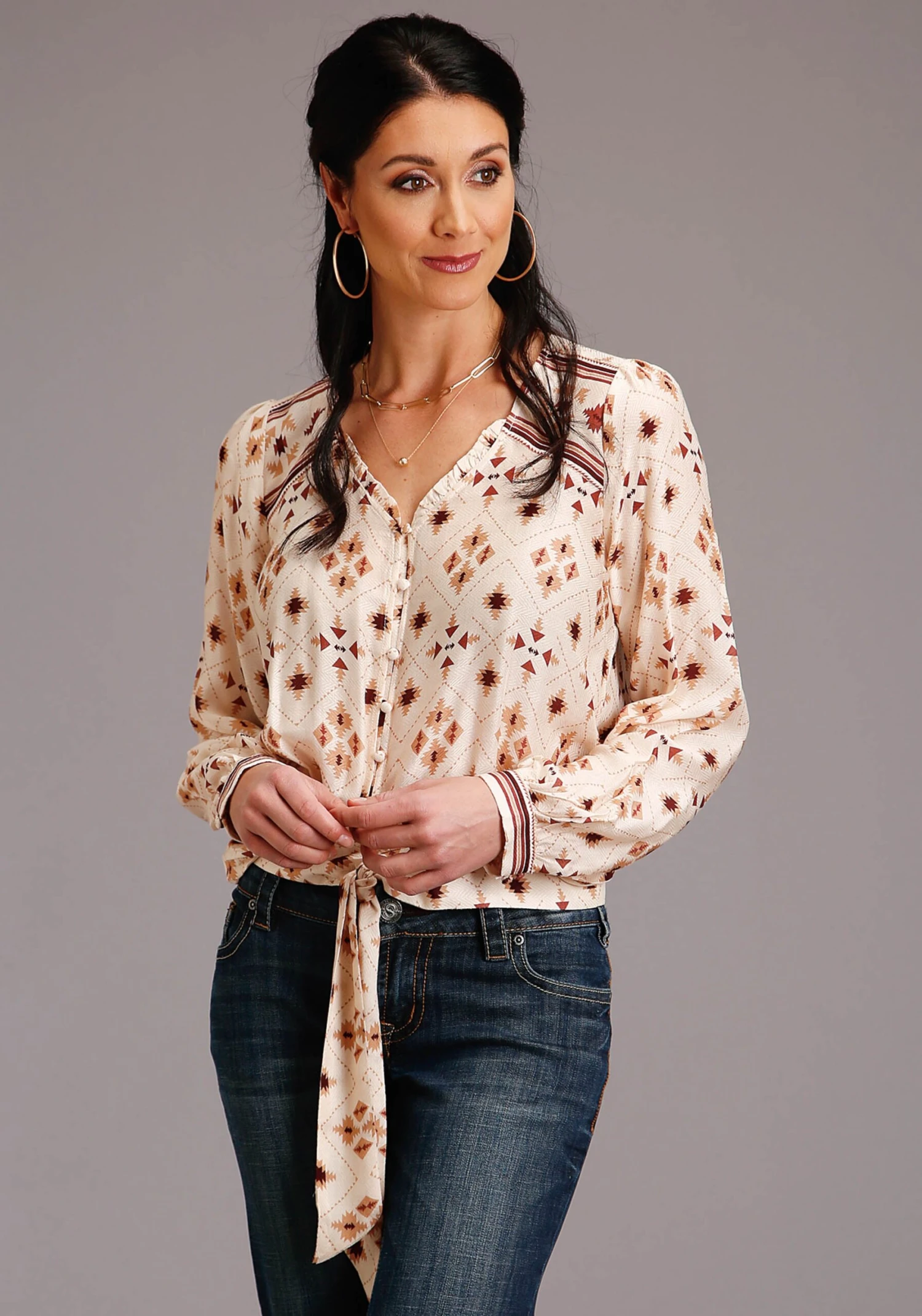 Stetson Rayon Herringbone Long Sleeve Blouse