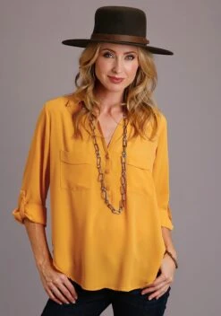 Stetson Gold Crepe Fixed Sleeve V-Neck Blouse