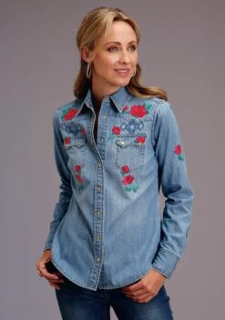 Stetson Denim Western Long Sleeve Snap W/ Embroidery On Front & Back