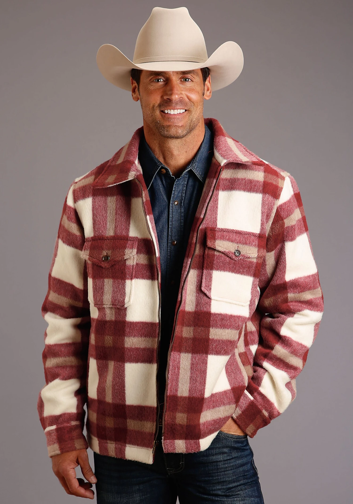 Stetson 1394 RED/CREAM PLAID WOOL BLEND COAT